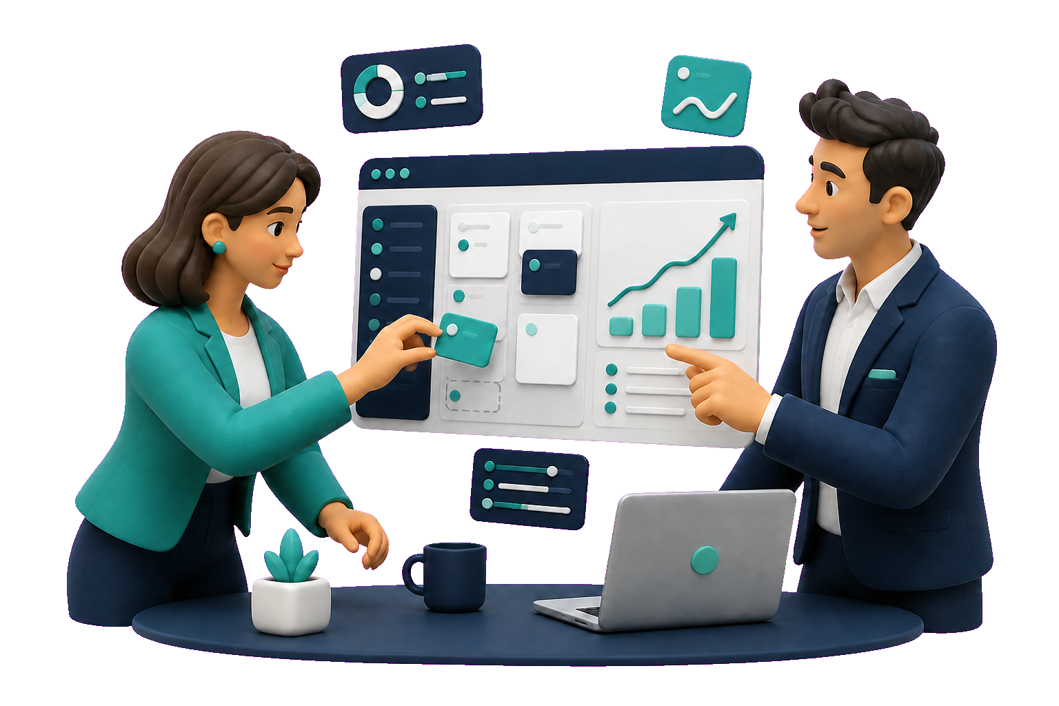 Kunde und Digitalberater arbeiten gemeinsam an einem Projektdashboard